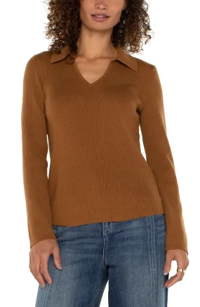 LONG SLEEVE V-NECK COLLARED SWEATER