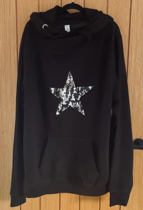 Luxury Cowl Neck Silver Camo Star Hoodie - Black