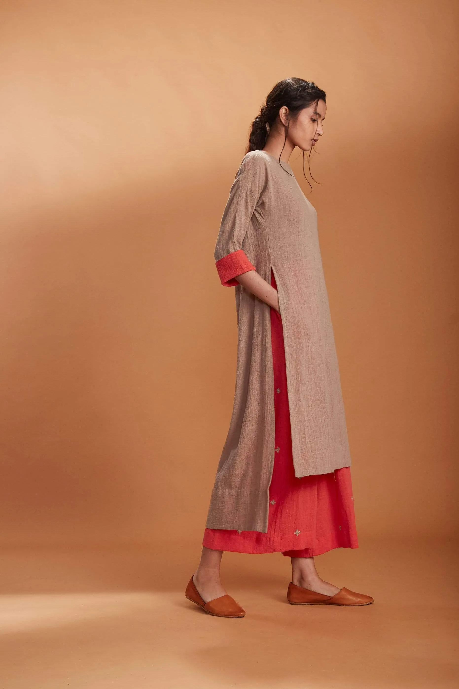 MATI RUKA TUNIC SET KHAKI AND CORAL