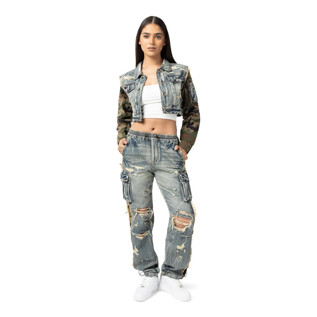 Mix Media Cropped Jean Jacket - Florence Blue