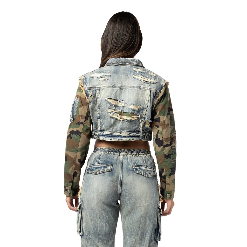 Mix Media Cropped Jean Jacket - Florence Blue