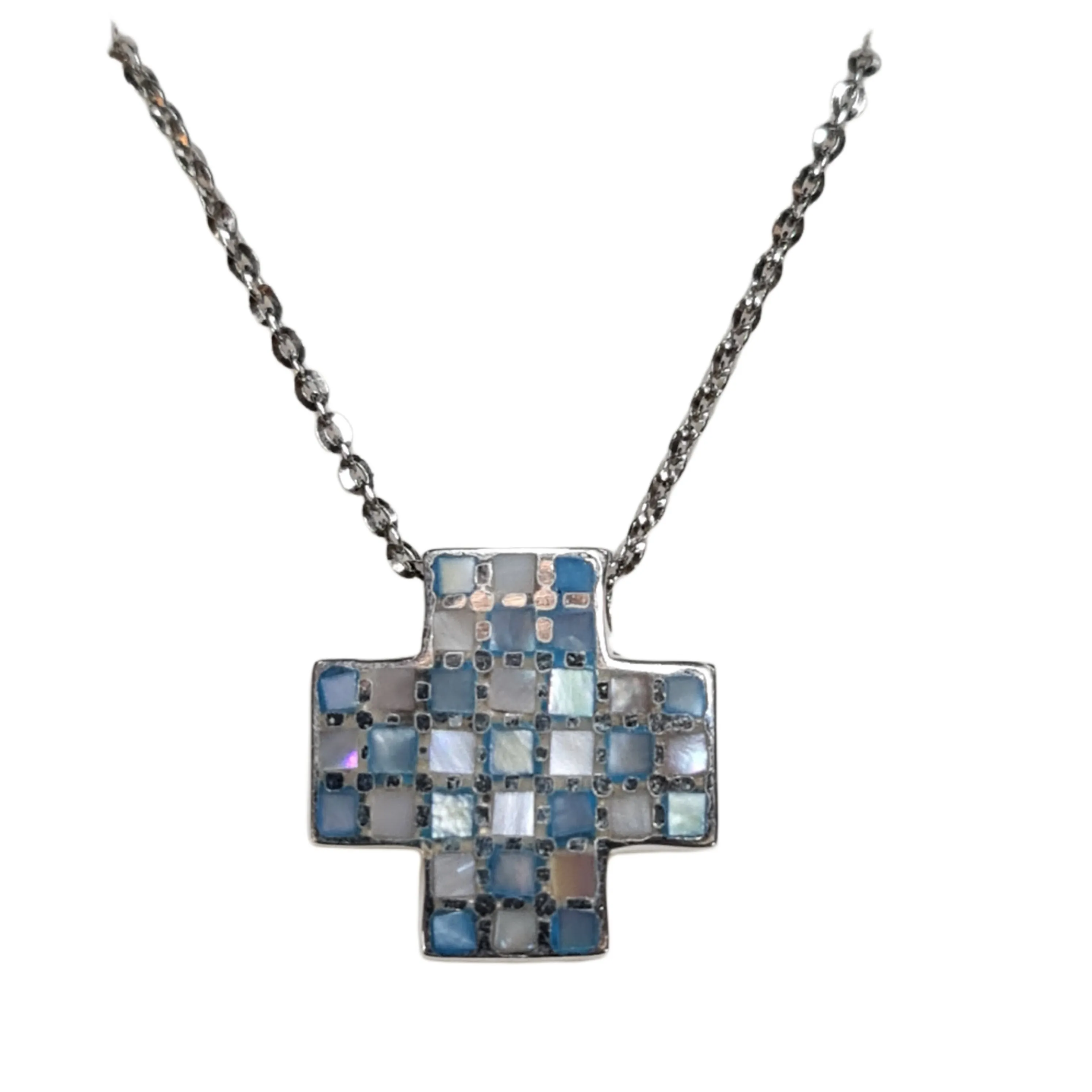 Mosaic Mother of Pearl Cross Pendant Necklace