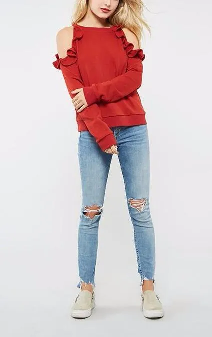 Open Shoulder Red Sweatshirt