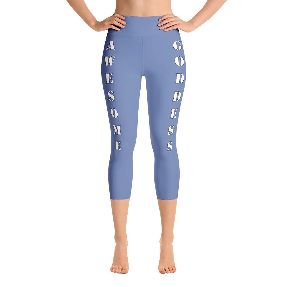 Our best viral leggings blue gray awesome goddess white letters