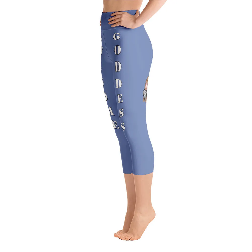 Our best viral leggings blue gray awesome goddess white letters