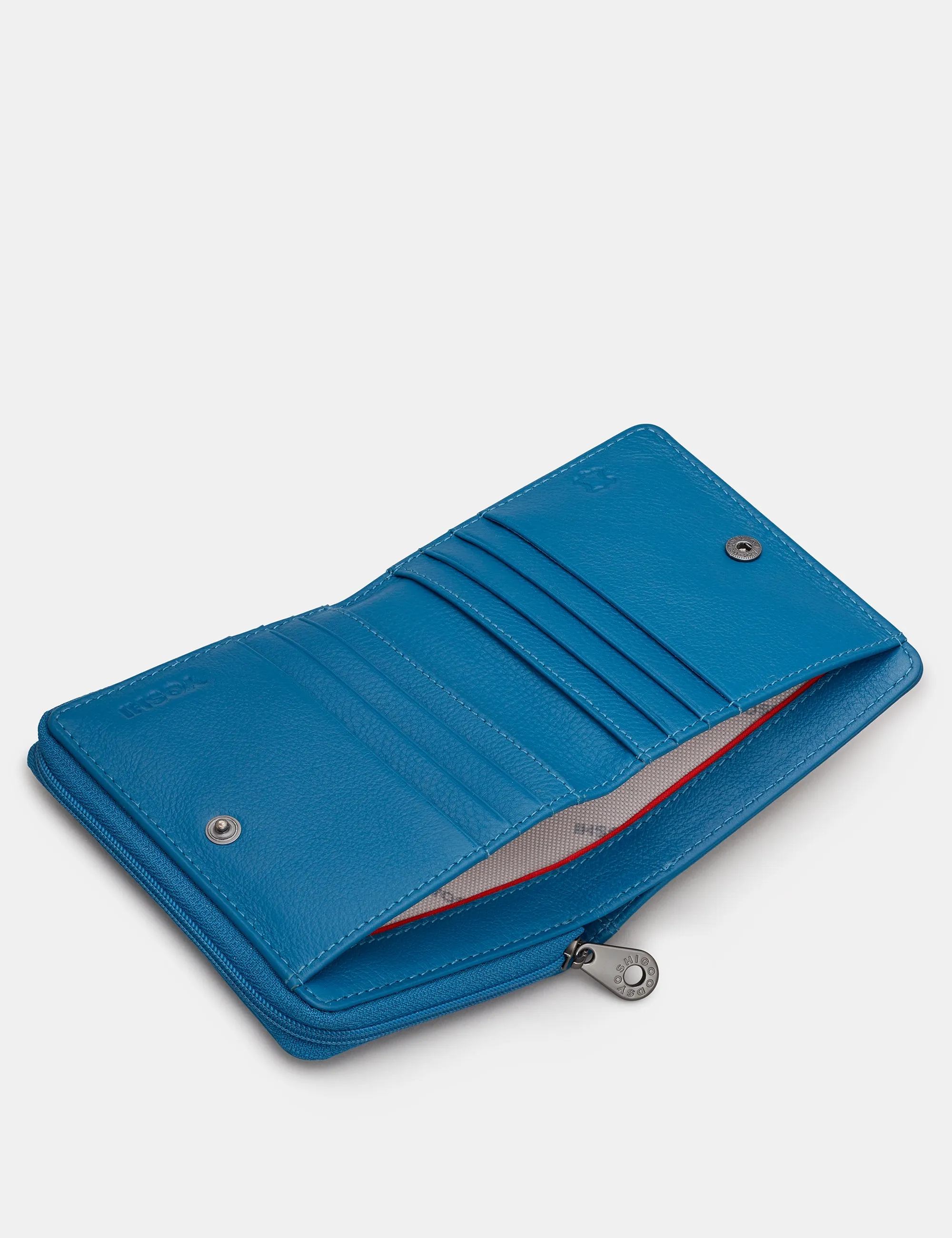 Peacock Plume Petrol Blue Leather Flap Over Zip Round Purse