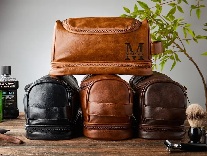 Personalized Groomsmen Toiletry Bag, PU Leather Dopp Kit, Toiletry Bag For Him, Groomsman Gift