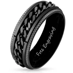 Personalized Men's Black Chain Spinner Wedding Ring - Engraved Handwriting Ring