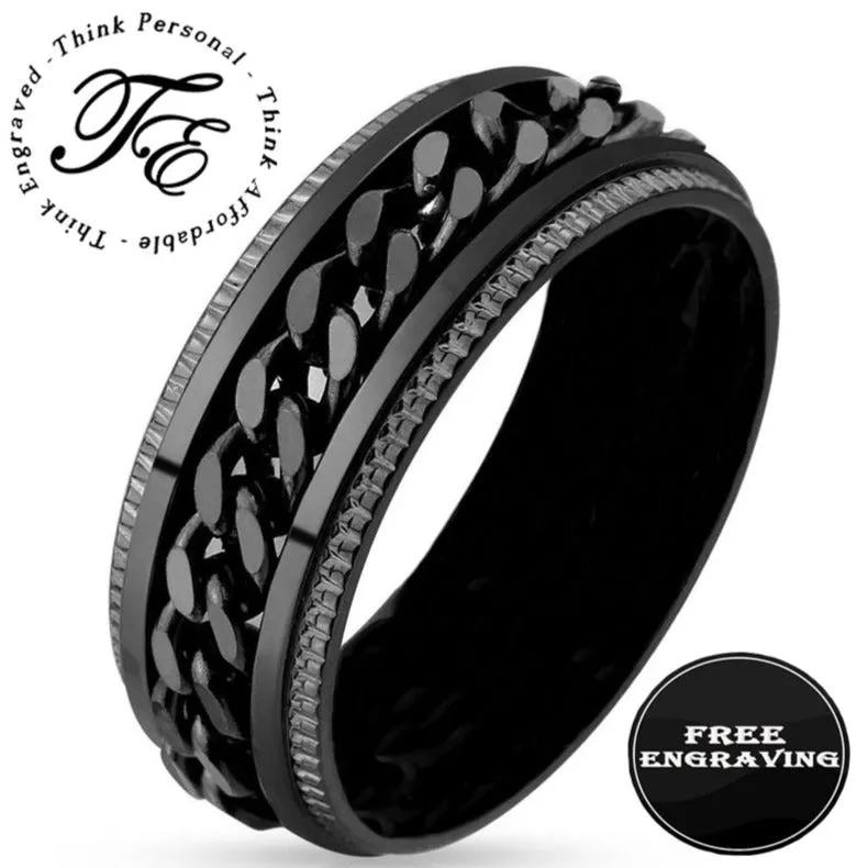 Personalized Men's Black Chain Spinner Wedding Ring - Engraved Handwriting Ring