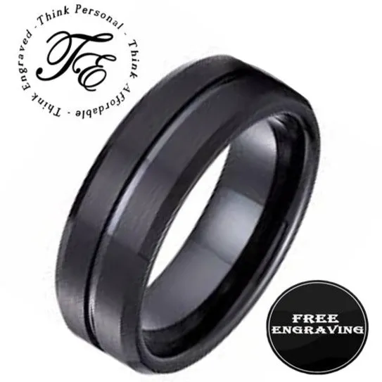 Personalized Men's Matte Black Grooved Tungsten Promise Ring - Handwriting Ring