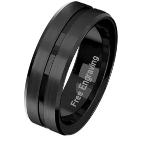 Personalized Men's Matte Black Grooved Tungsten Promise Ring - Handwriting Ring