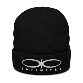 Ribbed Logo Over Text Black Knit Beanie