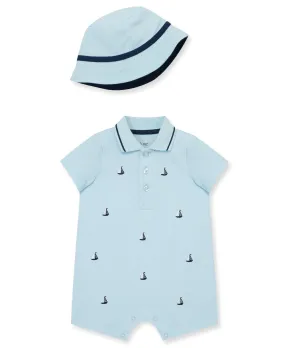 Sailboat Cotton Knit Romper & Hat Set