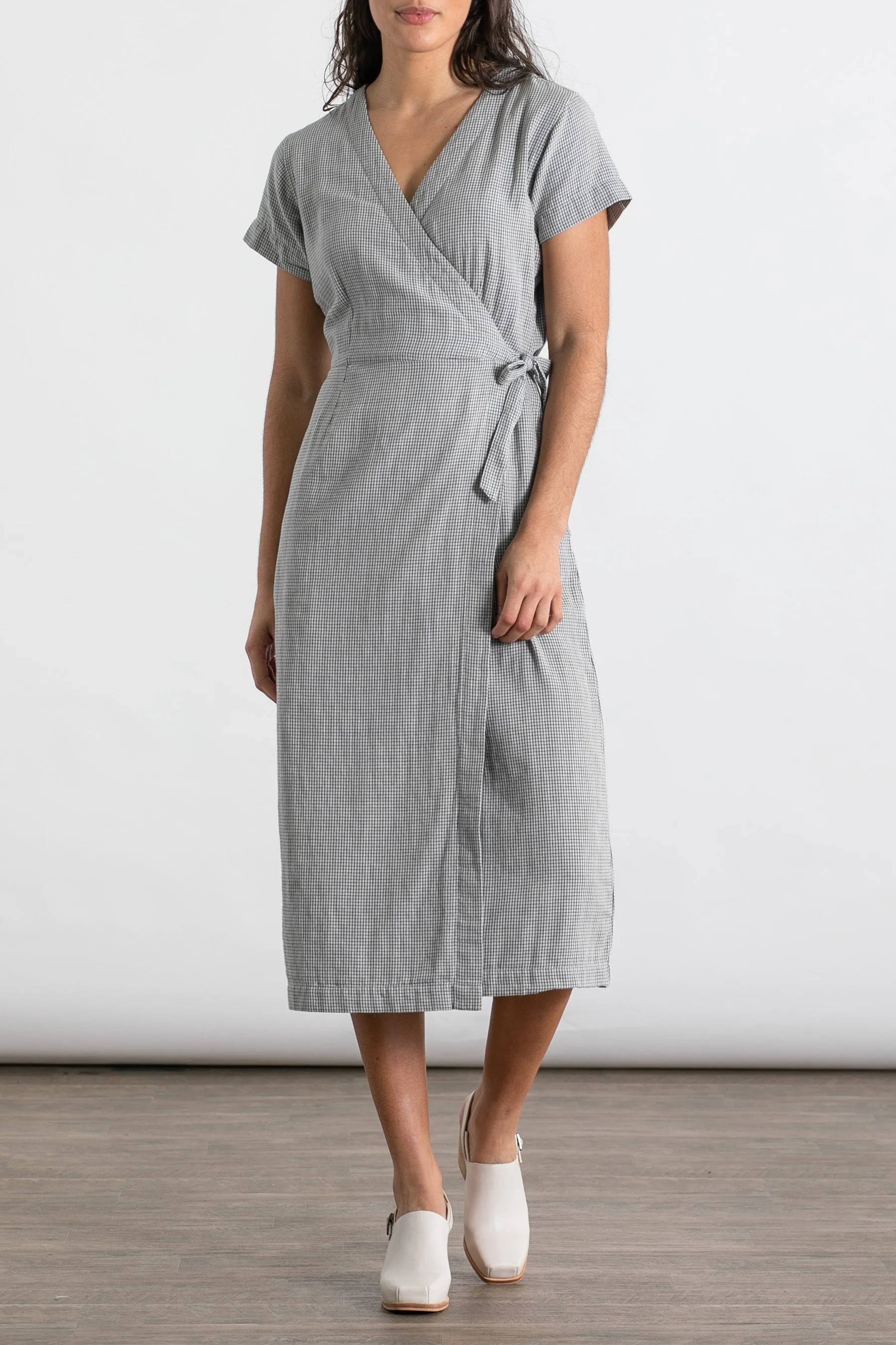 Saria Wrap Dress / Ivory Grid Doublecloth