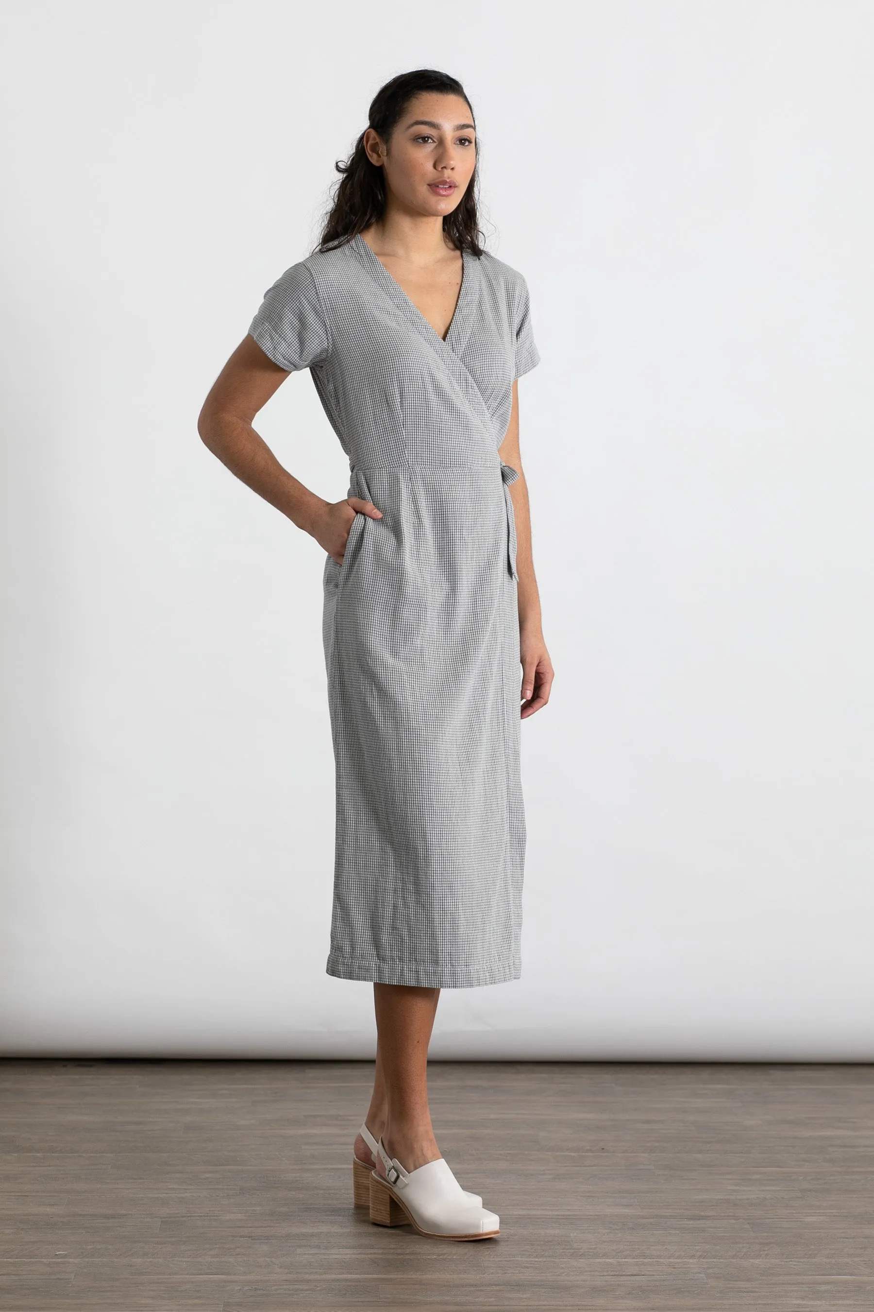 Saria Wrap Dress / Ivory Grid Doublecloth