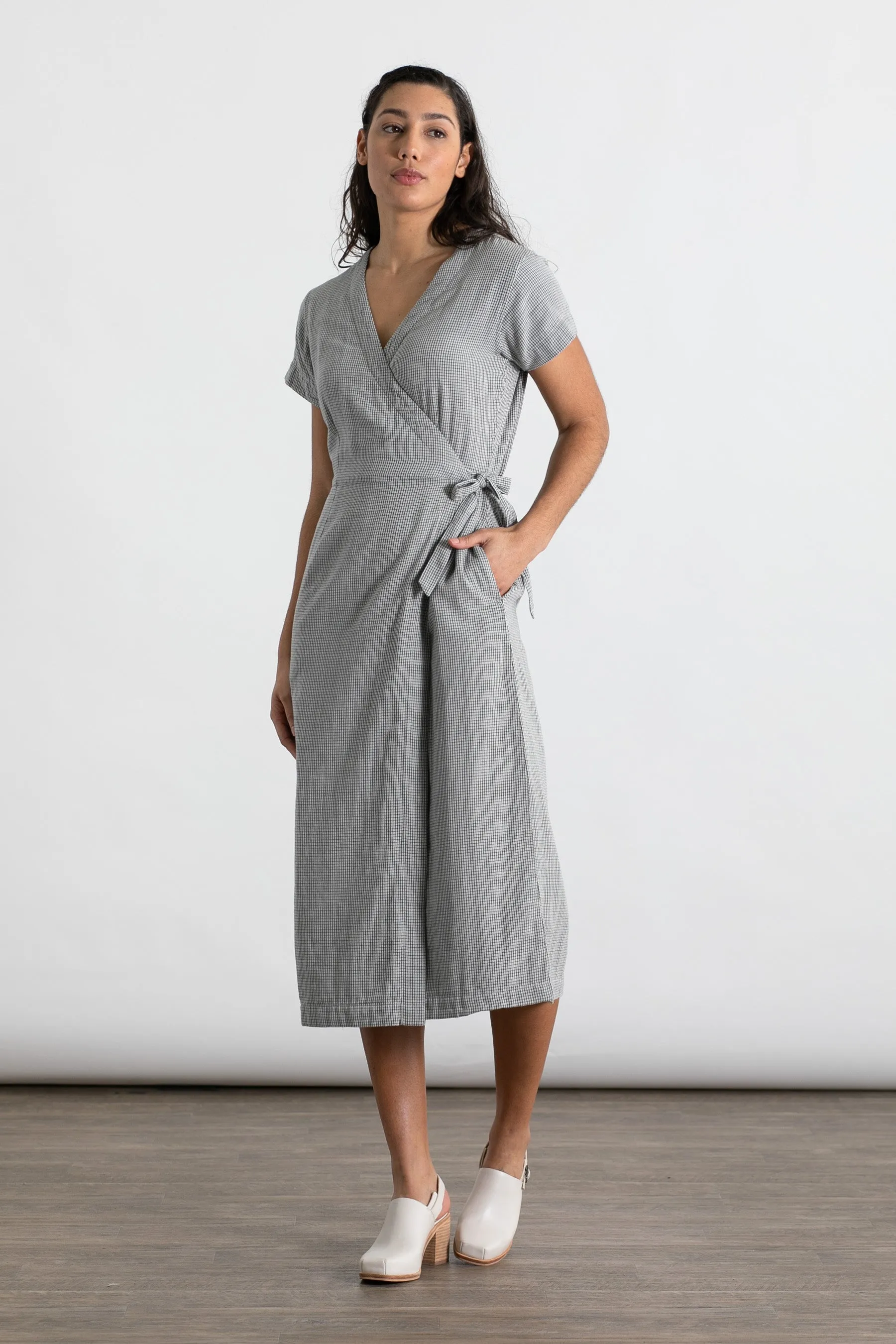 Saria Wrap Dress / Ivory Grid Doublecloth