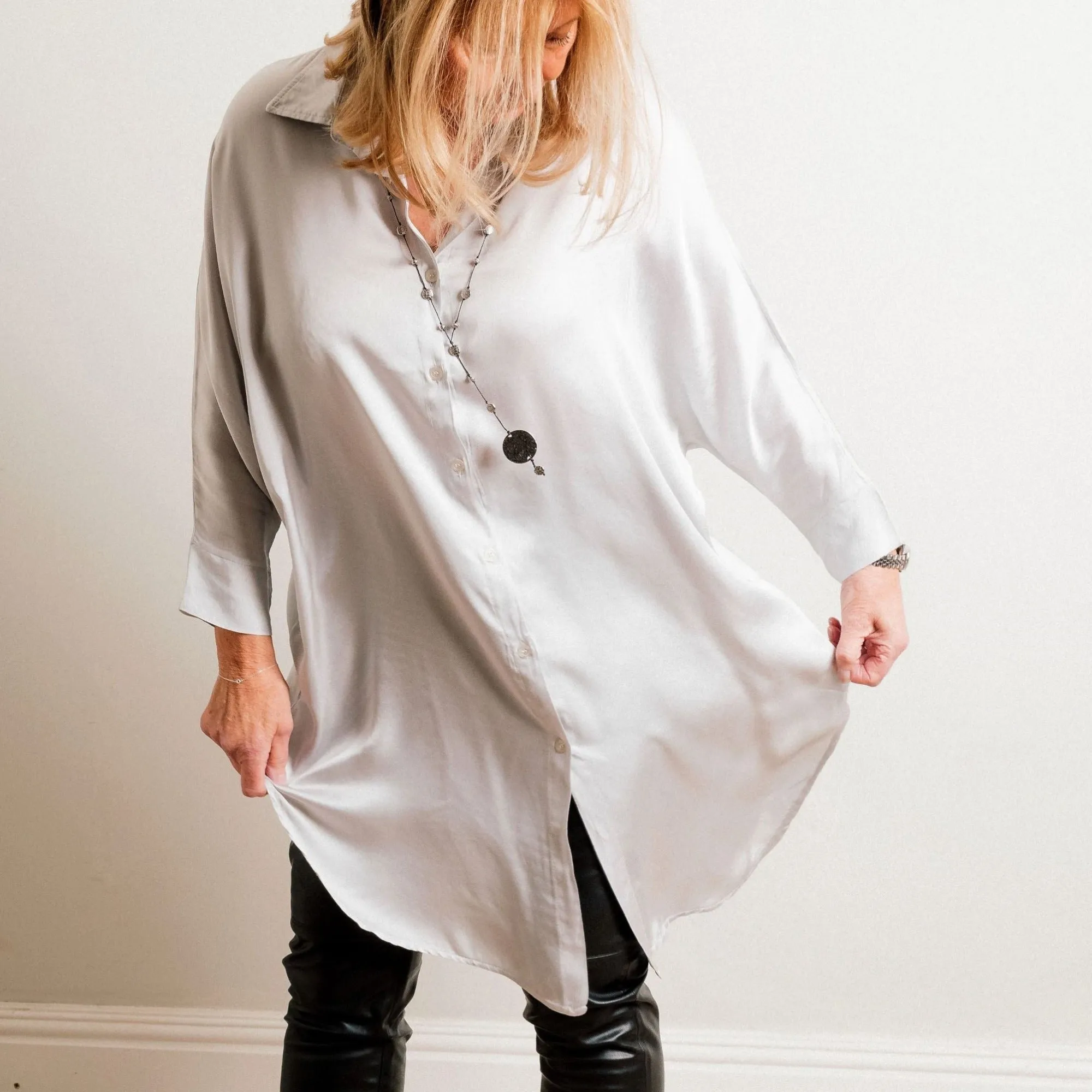 Silver Silky Soft Oversize Trapeze Drape Shirt/Shirt Dress