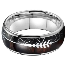 Silver Tungsten Arrow Ring with Koa Wood & Black Meteorite inlay (8mm)