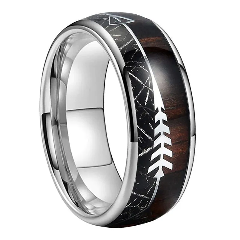 Silver Tungsten Arrow Ring with Koa Wood & Black Meteorite inlay (8mm)