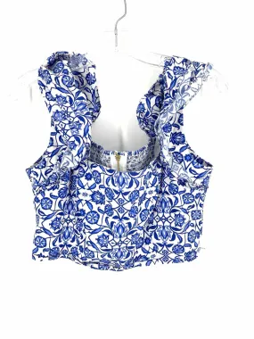 Size L White/Blue Floral Ruffle Designer Top-Sleeveless