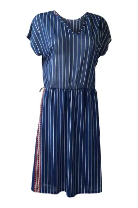 UNBRANDED Vintage 1970s Blue Short Sleeve Pinstripe Dress (M)