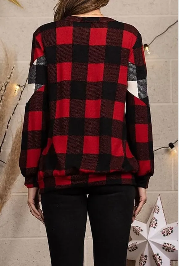 Womens Red Plaid Top | Long Sleeve Shirt | Christmas Sweater