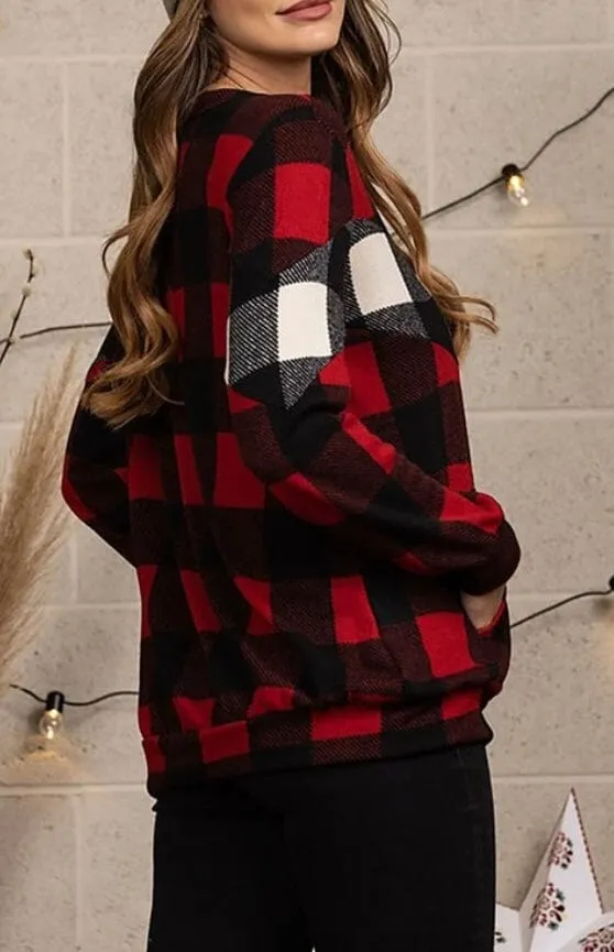 Womens Red Plaid Top | Long Sleeve Shirt | Christmas Sweater