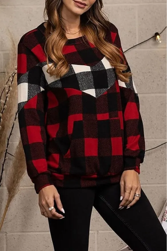 Womens Red Plaid Top | Long Sleeve Shirt | Christmas Sweater