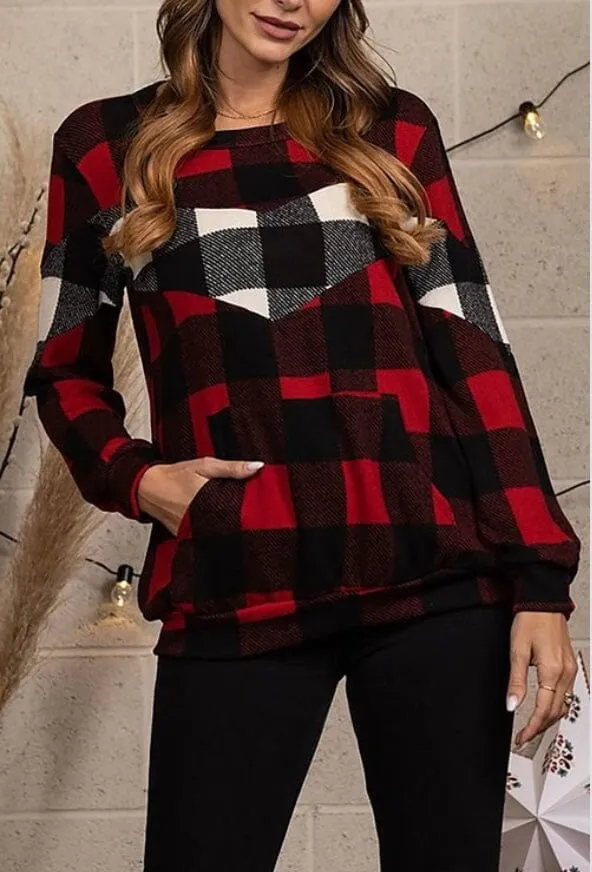 Womens Red Plaid Top | Long Sleeve Shirt | Christmas Sweater